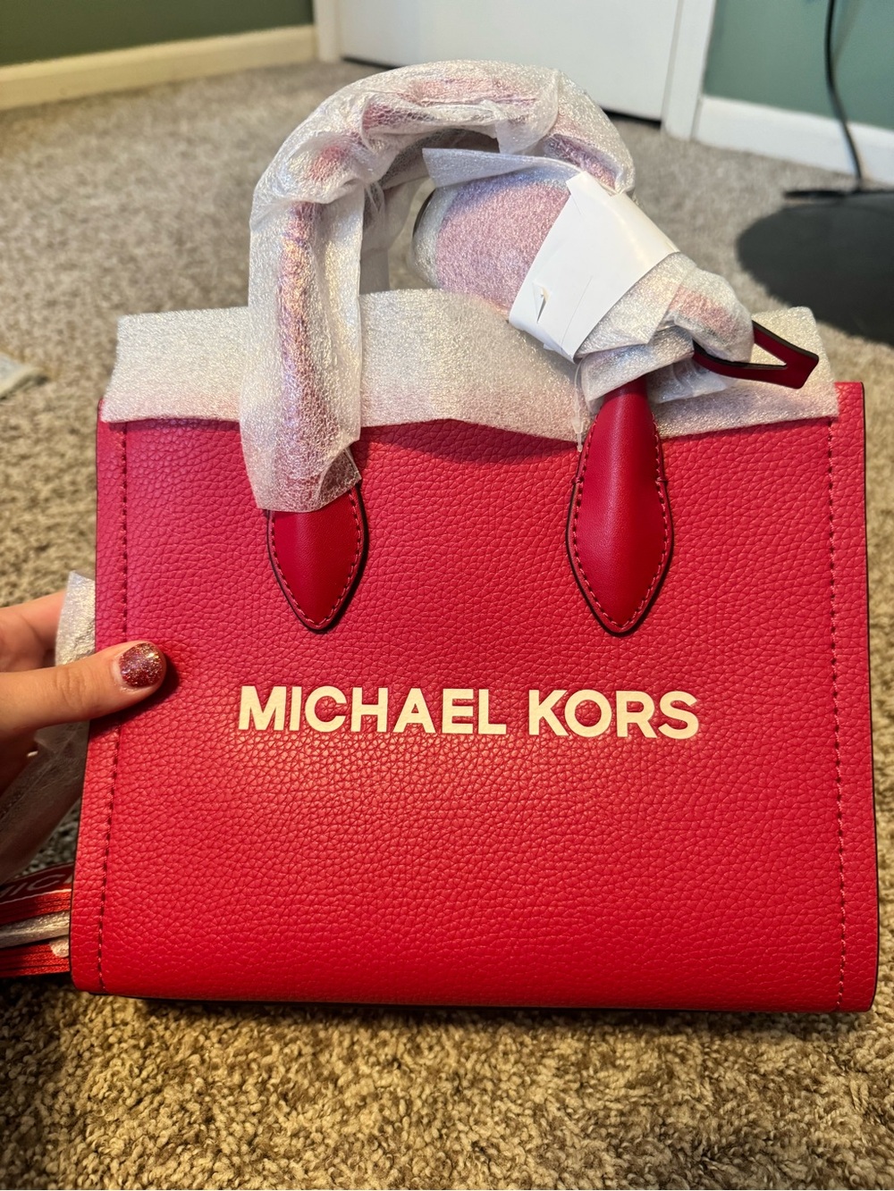 MICHAEL KORS Bright Pink Pebbled Leather Tote with Gold Logo
